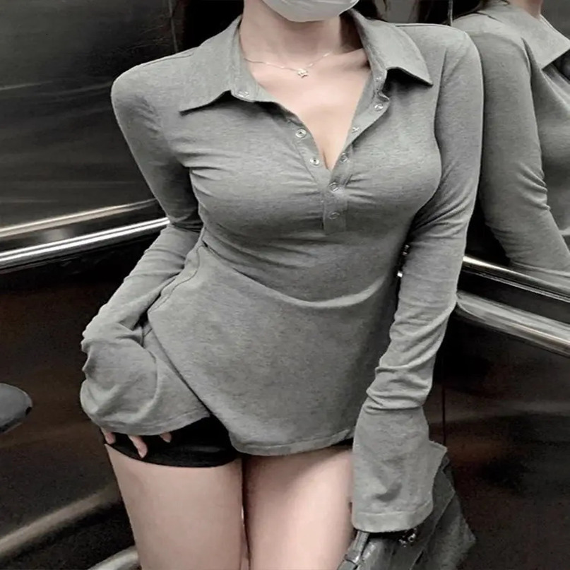 Gray Button Polo Neck T Shirt for Women Spring Autumn Slim Korean Clothing in Trend Basic Pretty Youth Woman Tshirt 250814