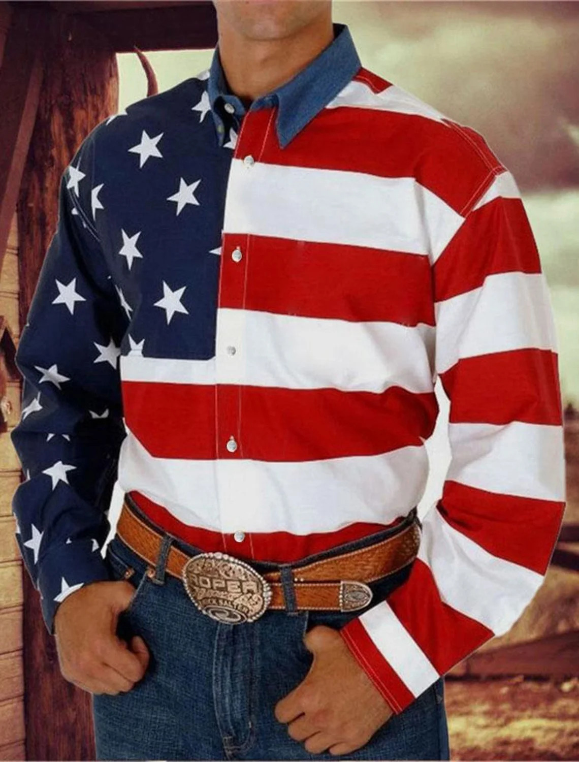 Flag Pattern Mens Retro Color Block Long Sleeve Button Up Shirt Spring Fall Cowboy Style Shirt 251008