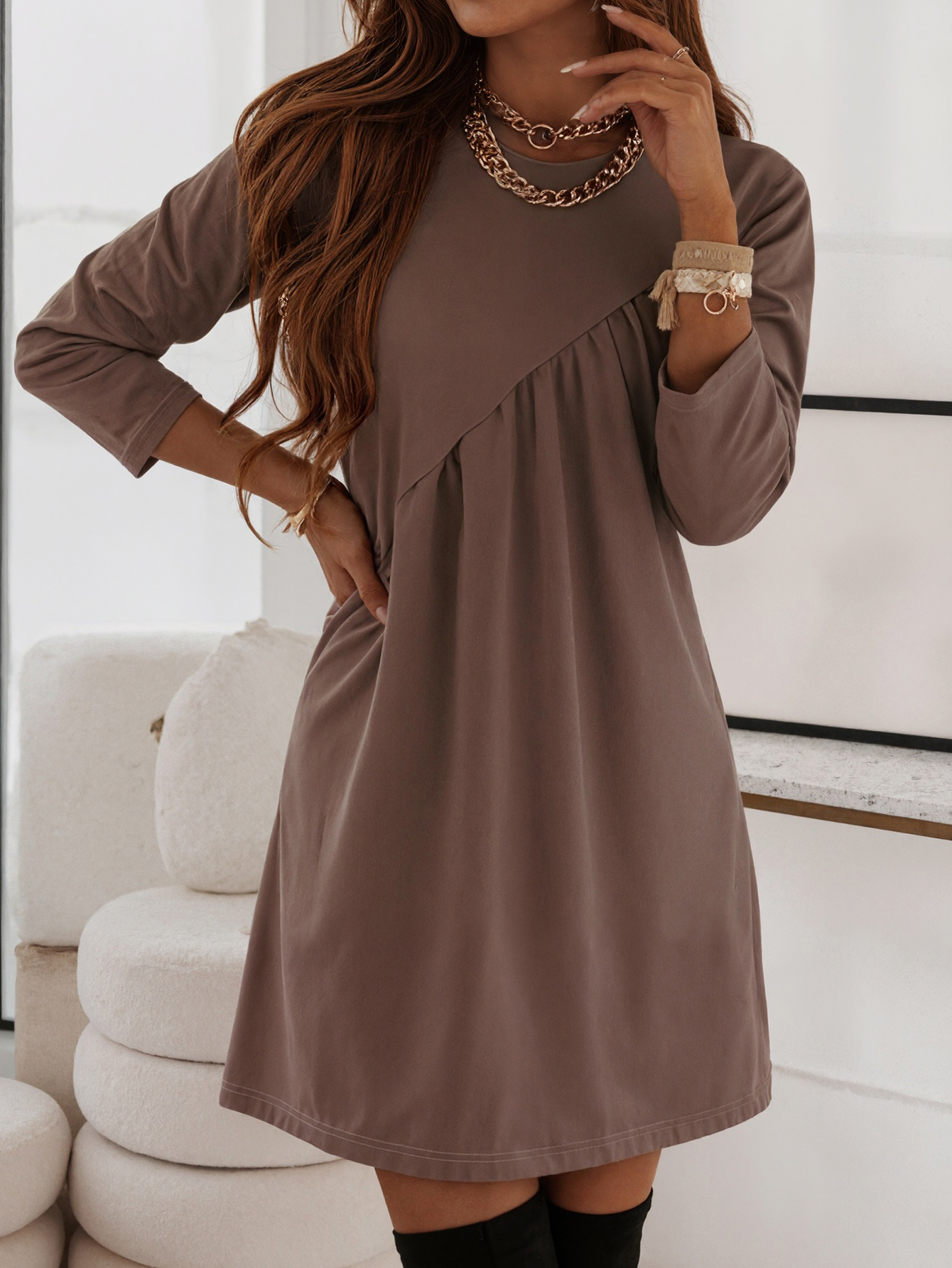 Women's Autumn Winter Solid Color Long - Sleeve Dress - Fashion Versatile Office & Party Dress-CF55083