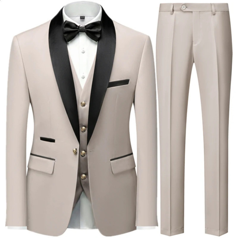 Fashion Men Casual Boutique Business Slim Wedding Host Formal Suit 3 Pcs Set Gold Button Jacket Dress Coat Pants Vest 240430