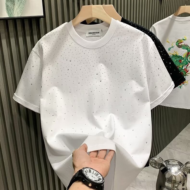 Light luxury fashion casual versatile short sleeved T-shirt new classic with diamonds round neck top hot sale