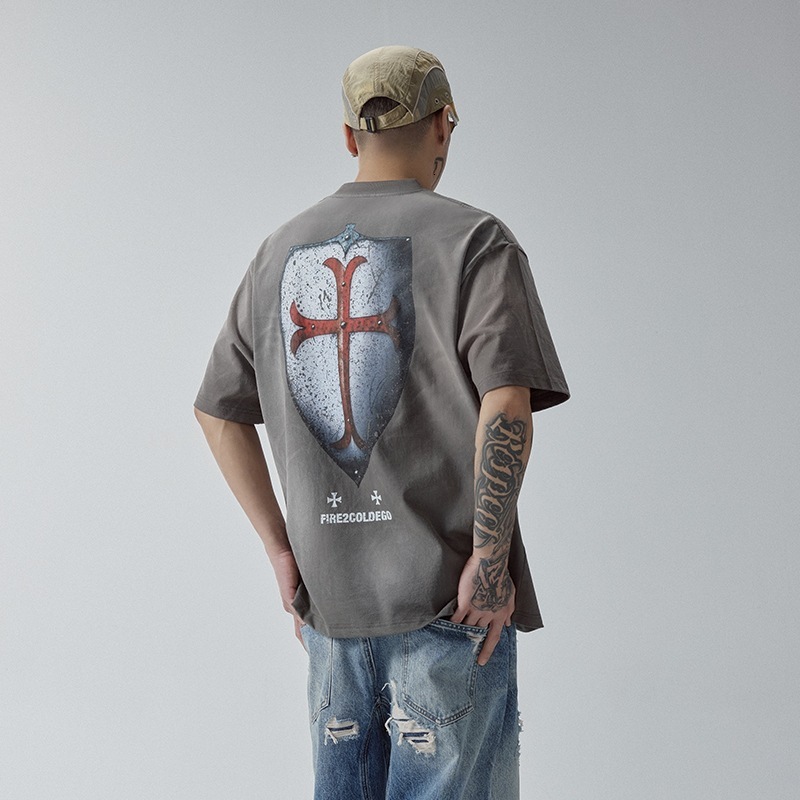 F2CE American Style Washed Gradient Vintage Designer Hoodie Shield Crack Print Loose Heavyweight Casual Short Sleeve Designer Shirt Retro T-shirt For Men And Women