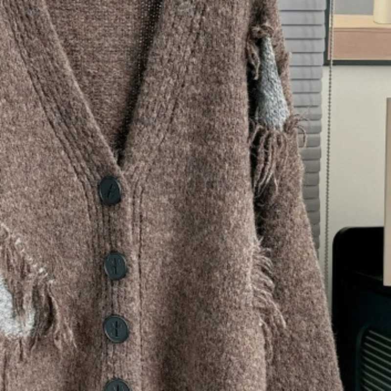 DEAT Womens Cardigan Vneck Patchwork Tassel Loose Long Slve Irregular Knitted Sweaters 2025 New Autumn Fashion 29A3213 L251010LW2Q
