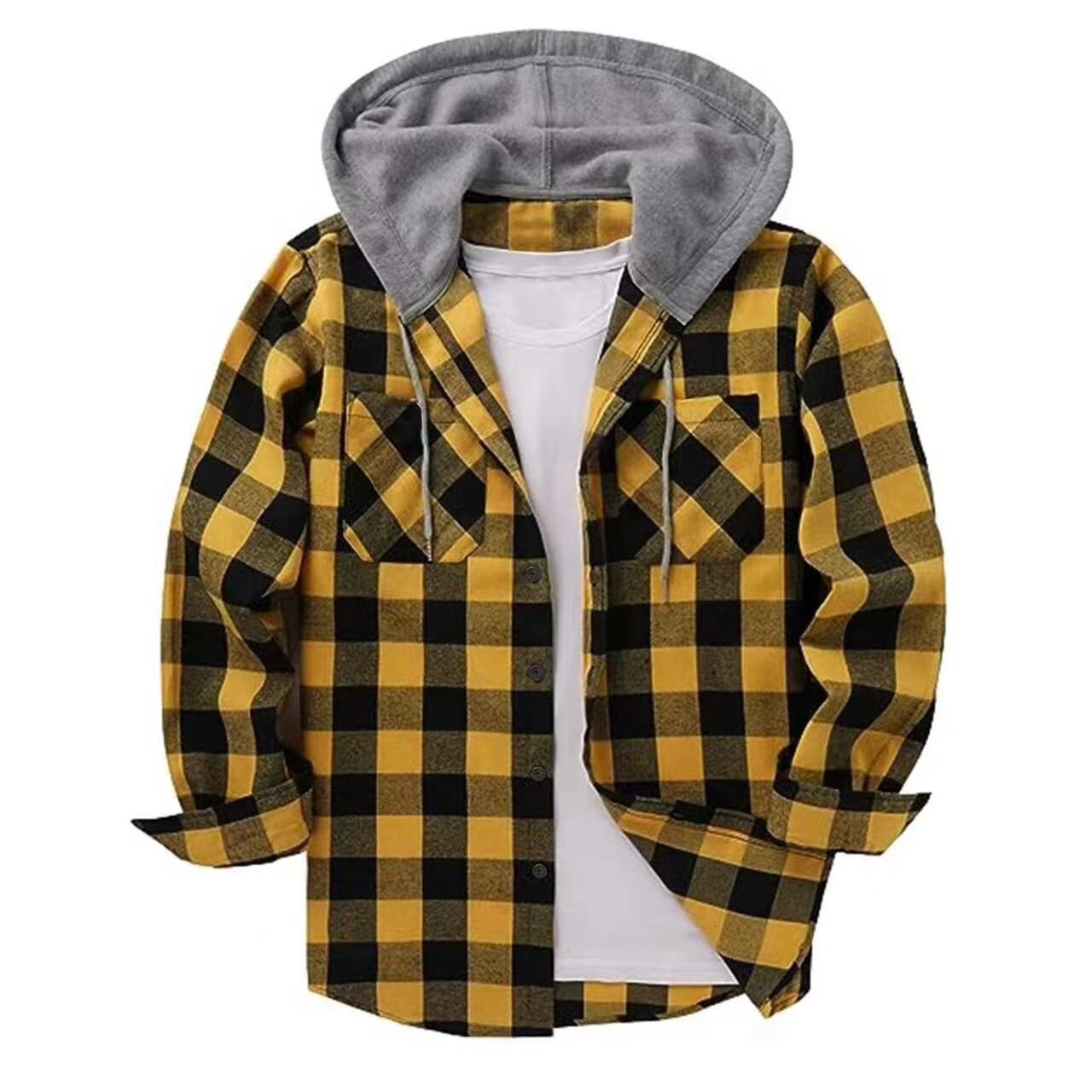 Youth Trend Plaid Loose Fit Sports Casual Single-Breasted Hooded Sweatshirt Round Neck Pocket Decoration Casual Fleece Plaid Hooded Sweatshirt