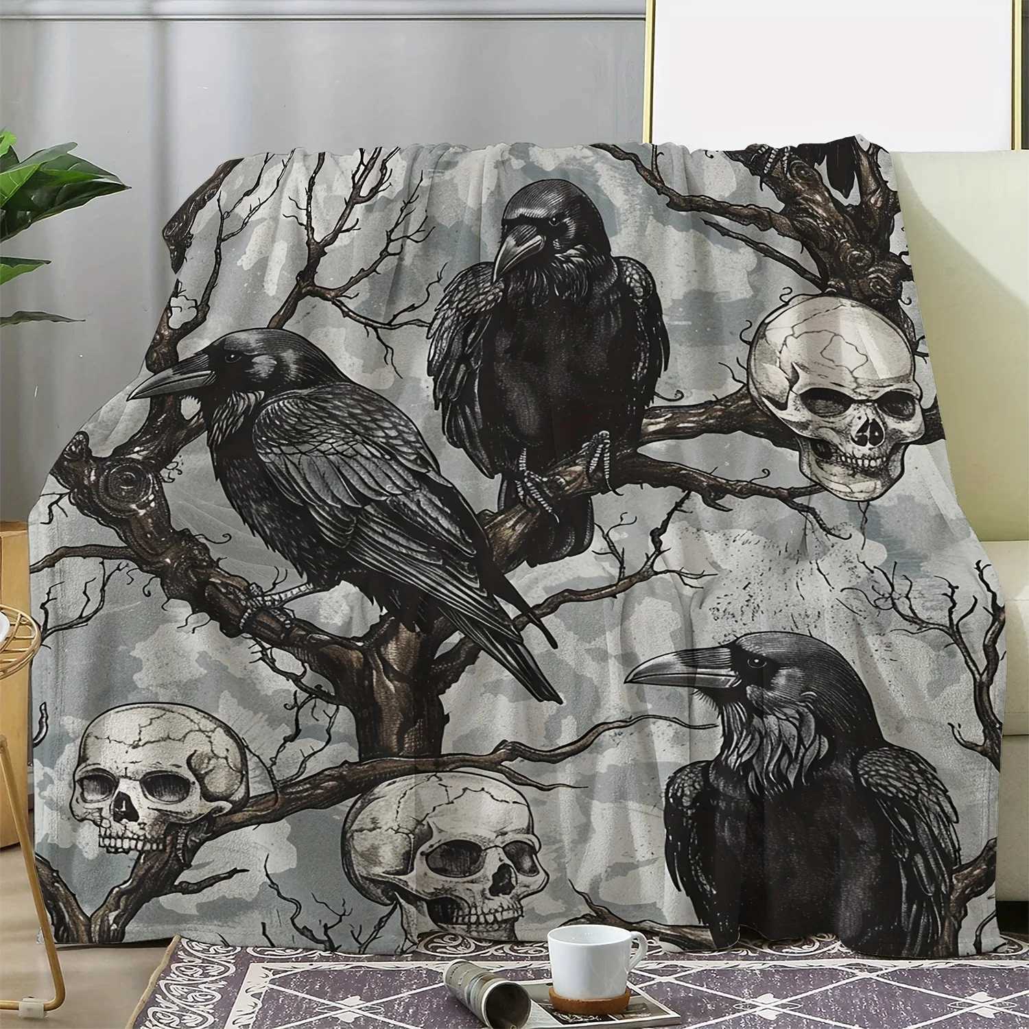 Vintage Halloween Skull Black Crow Flannel Throw Blanket Soft Warm and Cozy for Couch Bed Car Office Camping C251011