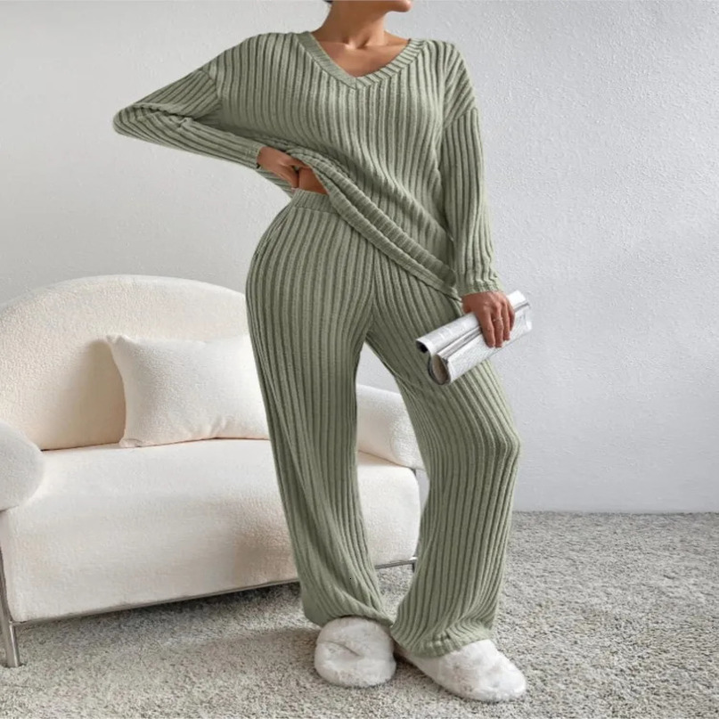 Autumn Womens Fashion Casual Straight Leg Pants With Loose Vneck Pit Stripe Knitted Long Sleeve Twopiece Set 250729