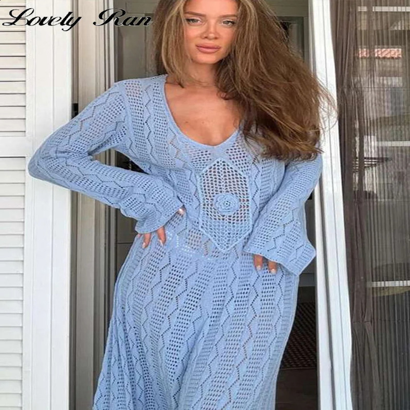 Loose Knitted Beach Long Dress Womens Blue Vneck Full Sleeve See Through Female Dresses Summer Holiday Flower Robe 240824