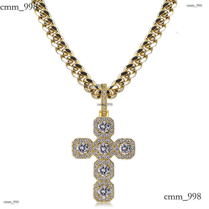 New Rose Flower Three-Leaf Cross Pendant Full Moissanite chain Hip-Hop Unisex Necklace Accessory