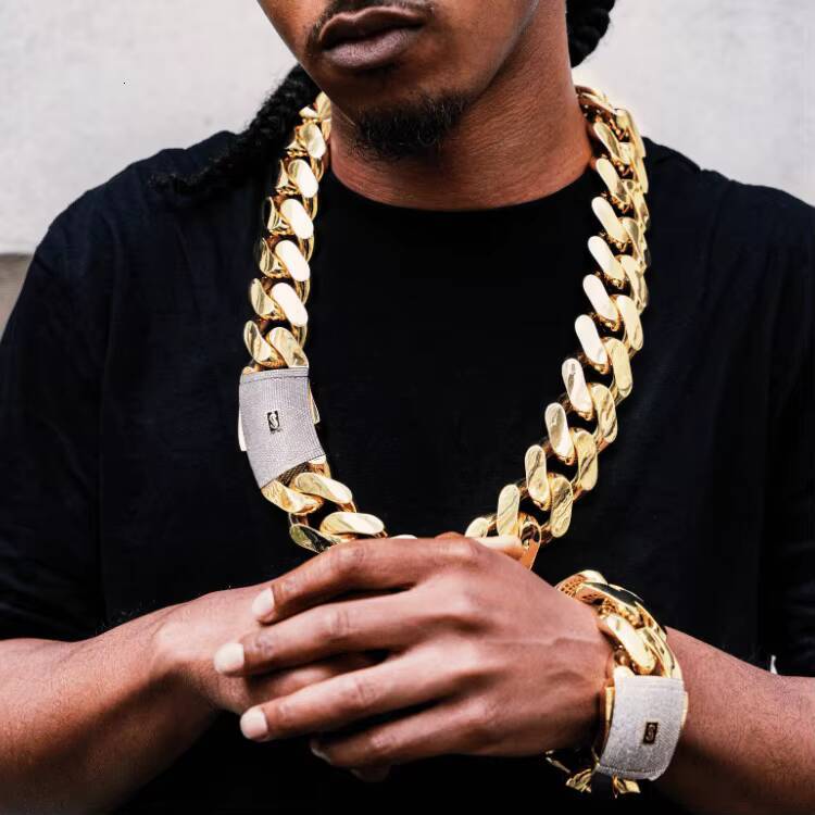 Hip Hop Jewelry 14K 18K Gold Plated Monaco Chain Classic Pav Lock Choker Big Thick Miami Cuban Link Chain Mens Necklace