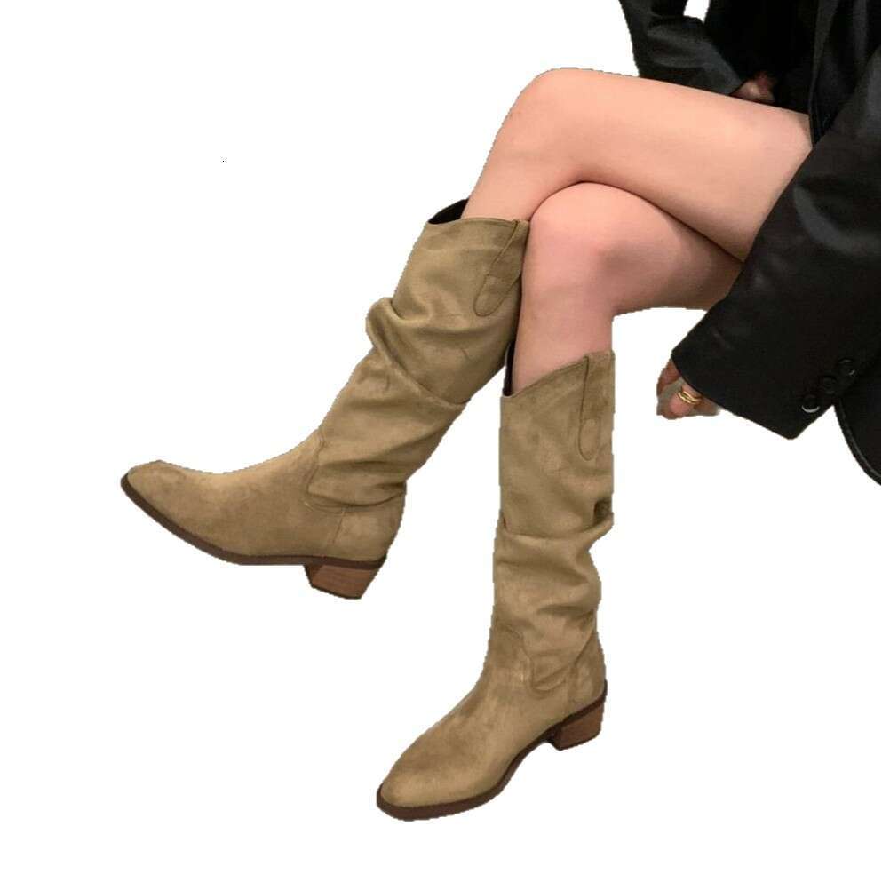 Women's Long Women 2025 Autumn Winter New V-Cut Melad Over-the-Knee Chunky Heel Pointed Toe Slouch Boots bb