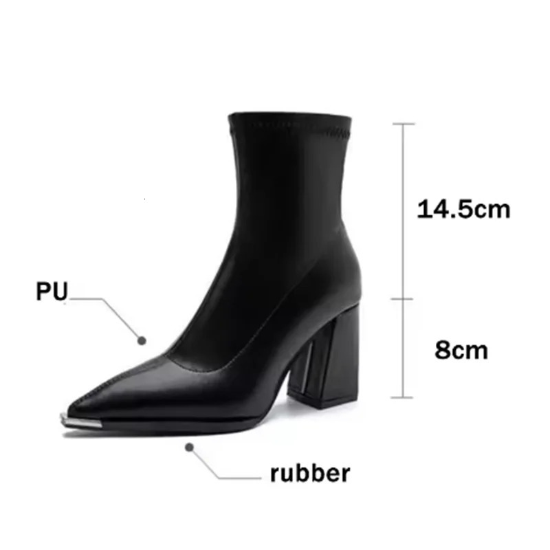 Pu Black Ankle Boots Autumn French Retro Pointed Toe High Heel Chelsea Boots Metal Decoration Short Booties 251010