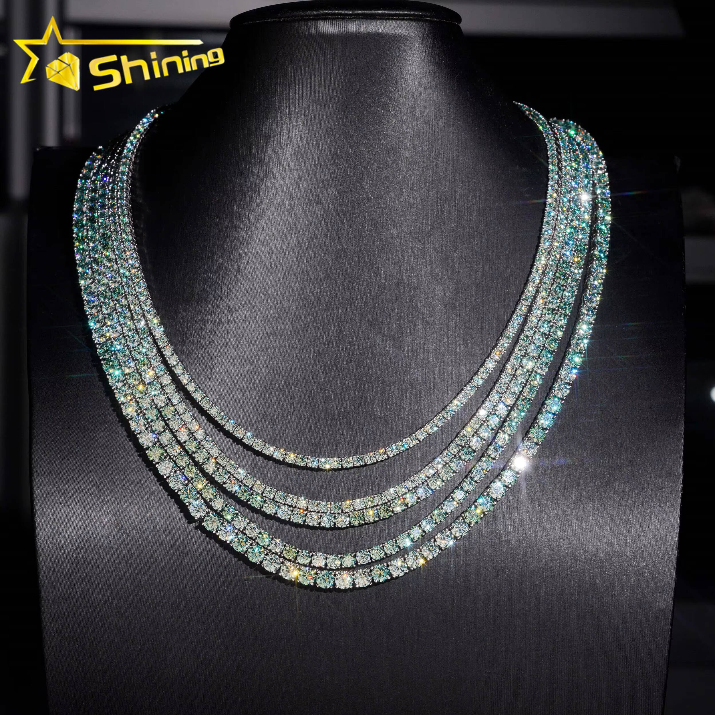 Wholesale Price Bluegreen Moissanite Tennis Chain 925 Sterling Silver Gold Plated Pass Diamond Test Colors Moissanite Necklace