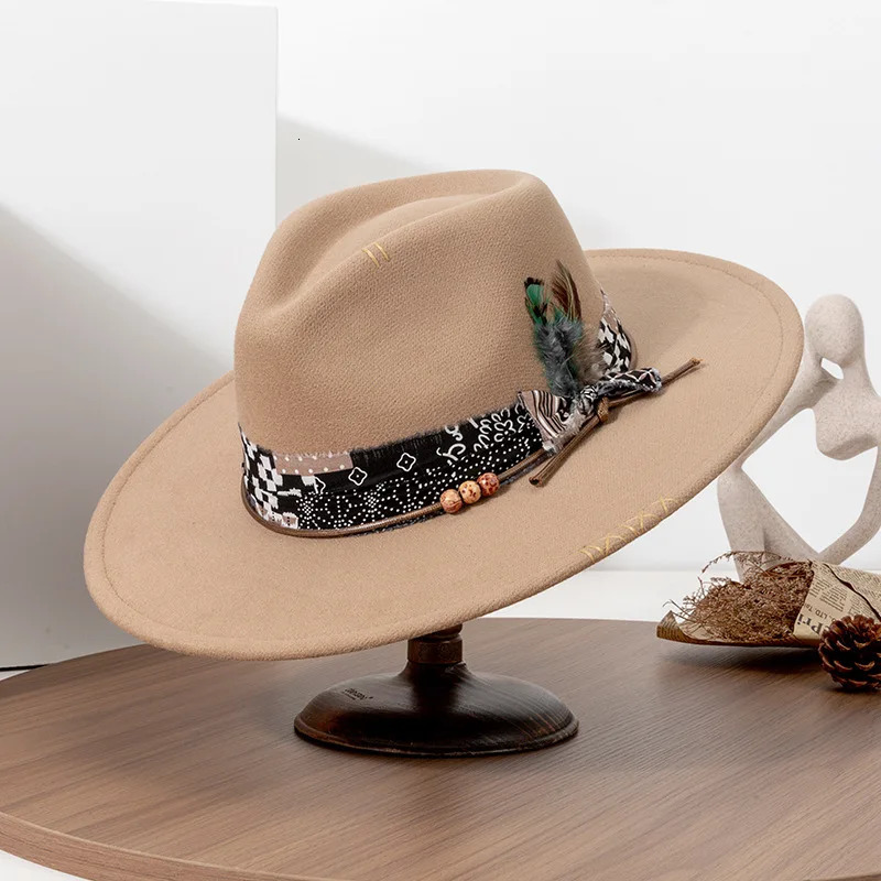 USPOP Vintage Fedora Hat for Women Men Wide Brim Felt Hat with Feather Band Western Style Panama Hat for Spring Autumn 251011 - view 4