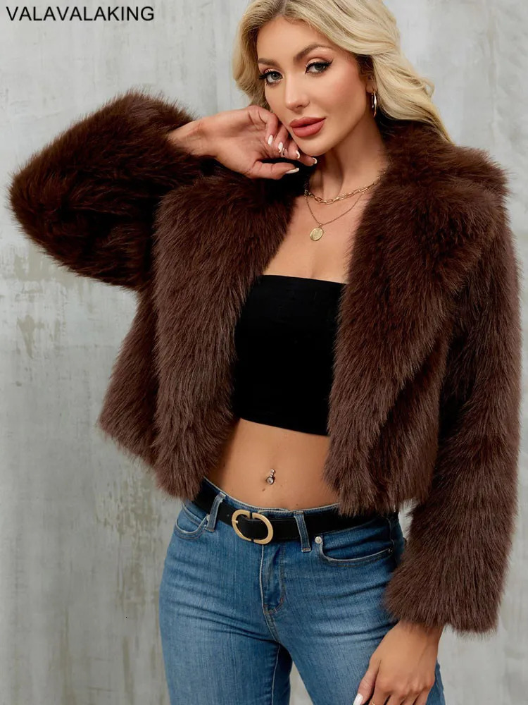 2025 Female Winter Brown Faux Fur Coat For Women Casual Long Sleeve Fluffy Plush Jacket Lady Solid Thick Fur Warm Cardigan 251010