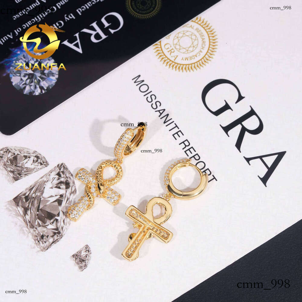 GRA Certificate Snake Design Silicon Stone Hoop Earrings Cross Real Gold Plate Hip Hop Jewelry