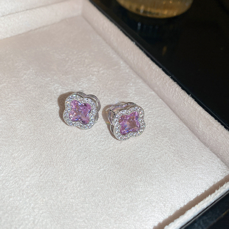 Sier Needle Pink Sweet Temperament Zircon Flower Fashion Light Korean Niche Versatile Earrings for Women - view 5