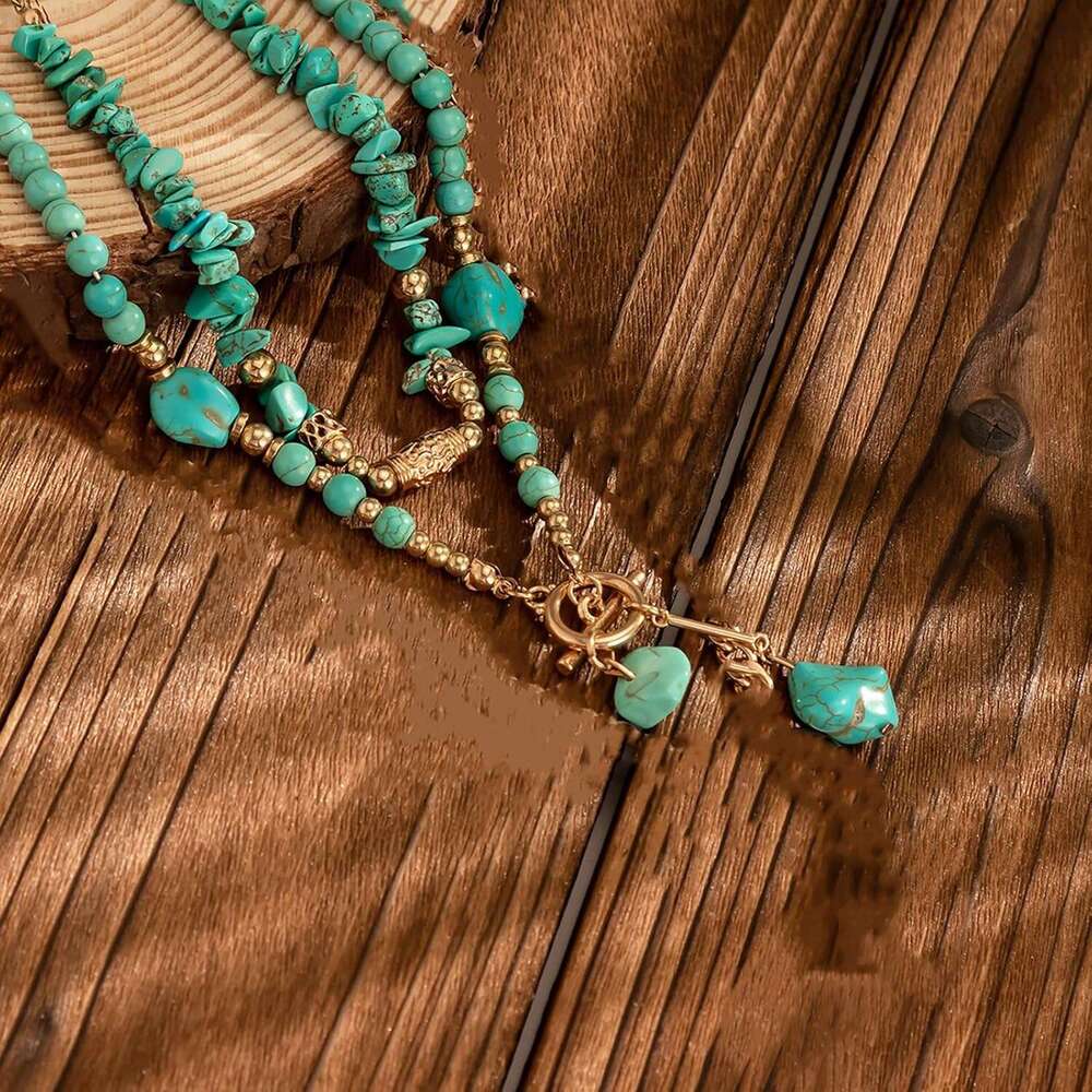 Women's Beaded Layered Choker gold and Turquoise Necklace Toggle Collar Handmade Western Bohemian Jewelry
