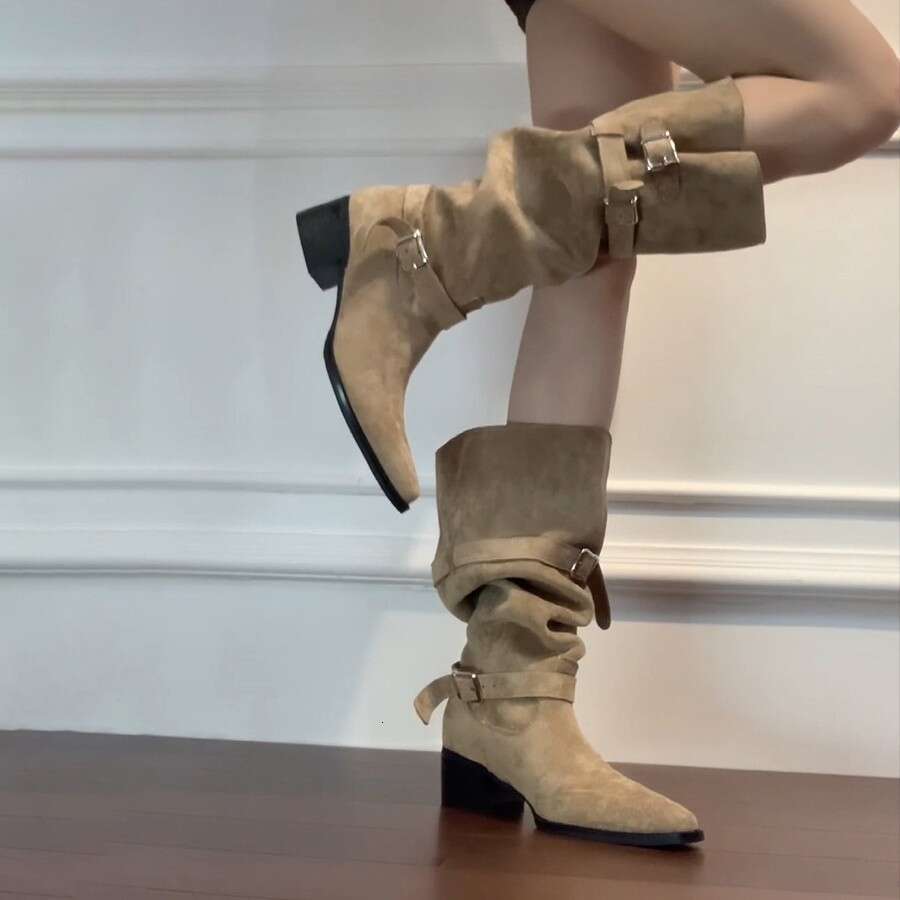 Cowhide Version ~ Chunky Heel Genuine Leather Long for Women with Belt Buckle, Pleated Stacked Boots, High Tube Western Cowboy Boots 63