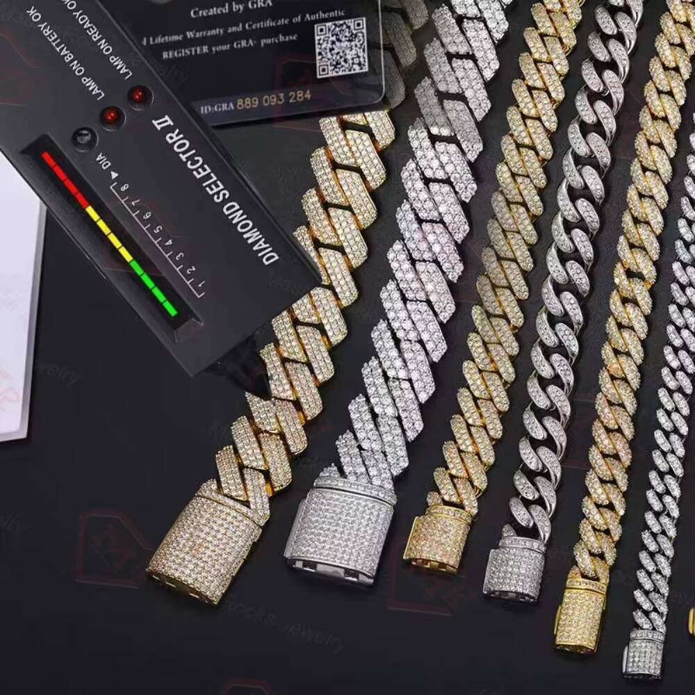 12mm Custom Moissanite Clasp Cuban Chain Plain Necklace Hip Hop Jewelry Moissanite Cuban Chain