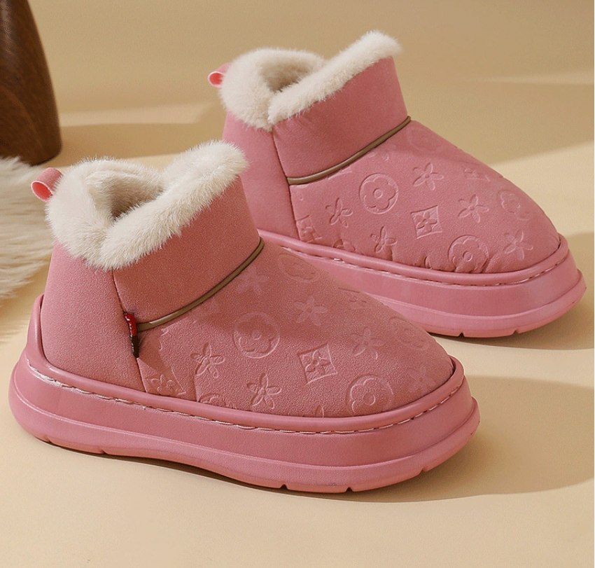 High-quality home couple faux leather waterproof indoor anti-slip warm home slippers with soft soles and velvet cotton for winter wear