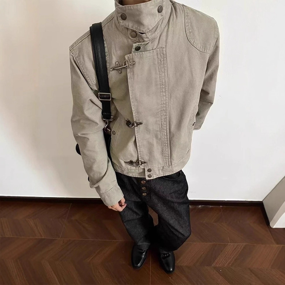 American Style Airplane Buckle Hunting Jacket Men Spring Autumn Barn Style Jacket Men Short Designer Jacket Workwear Vintage Stand Collar Baseball Jacket