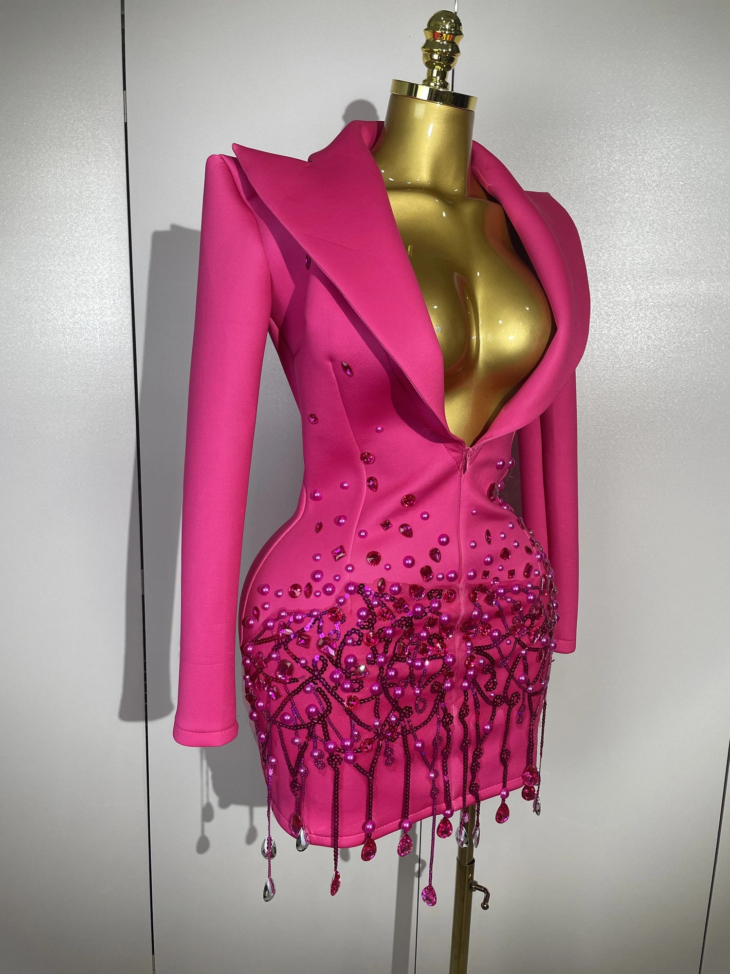 Sparkly Crystal Chains Pearls Long Sleeve Mini Dress 2025 Women Birthday Evening Party Nightclub Outfit Singer Wedding Costume 251009