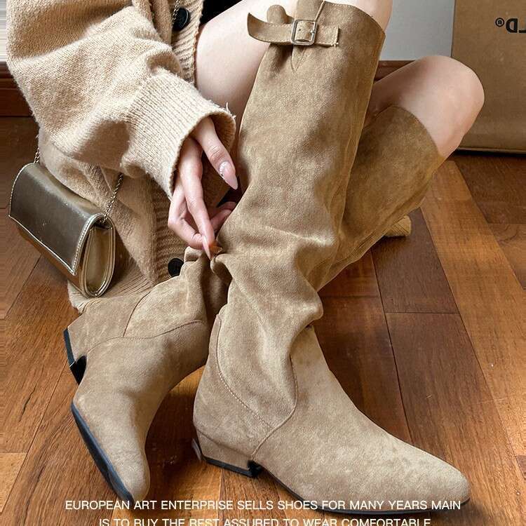 Soft Leather Version ~ Lazy Style Women's Winter Slouch French Slimming High Chunky Heel Suede Khaki Long Boots 00