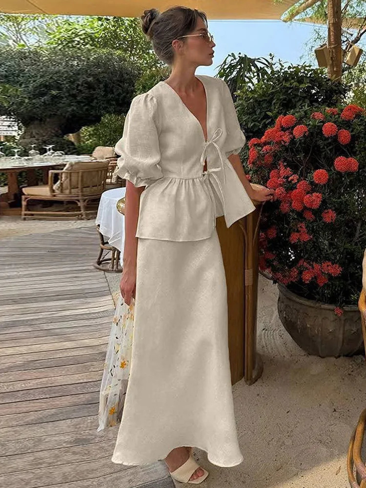 Womens Two Piece Long Skirts Set Puff Sleeve Tie Front Peplum Top Slim Fit Maxi Skirt Summer Elegant Casual Daily Outfit 251028