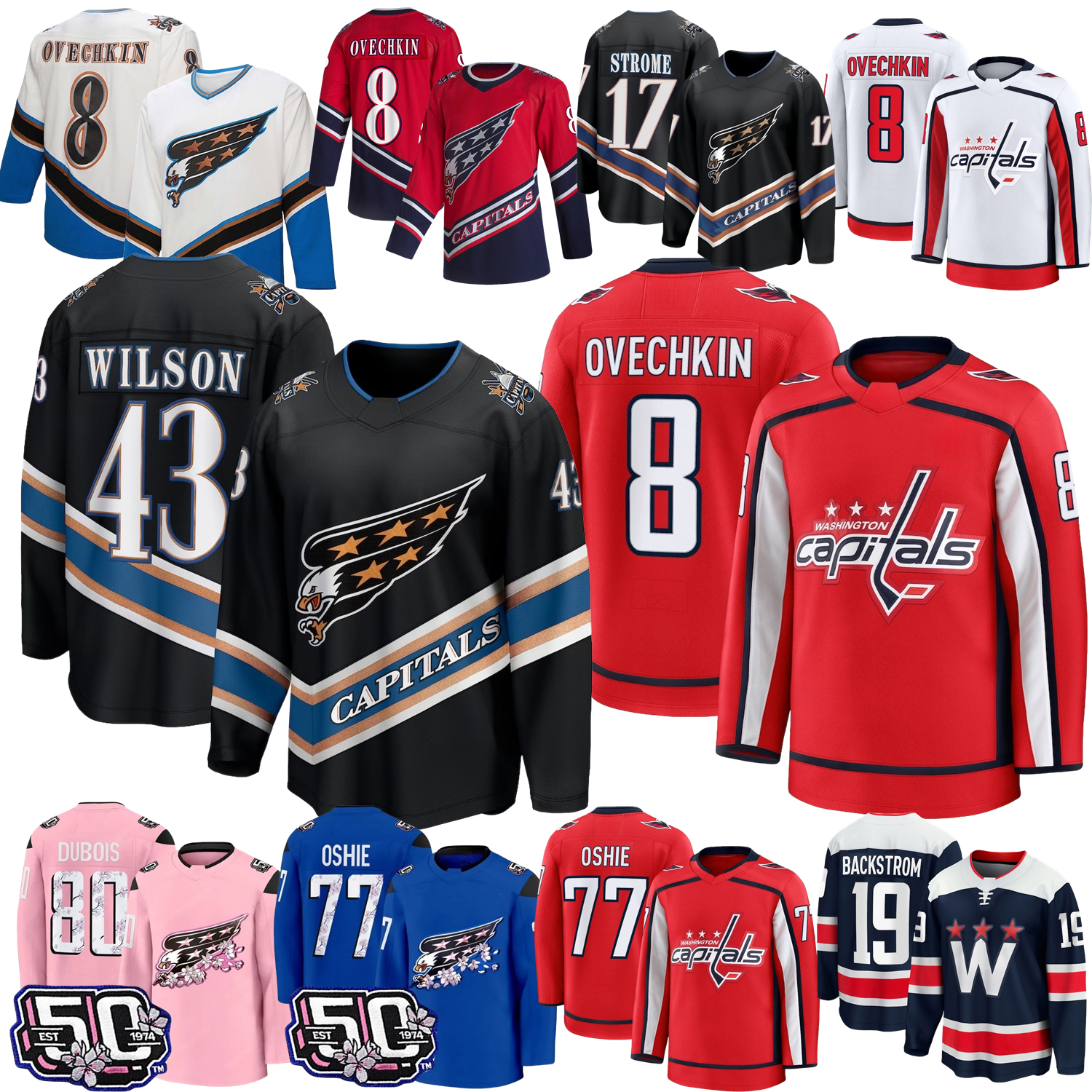 Alex Ovechkin Washingtons Hockey Jersey TJ Oshie Capital Dubois Tom WilsonS Ryan Leonard Jakob Chychrun Charlie Lindgren Nicklas Backstrom Strome jerseys