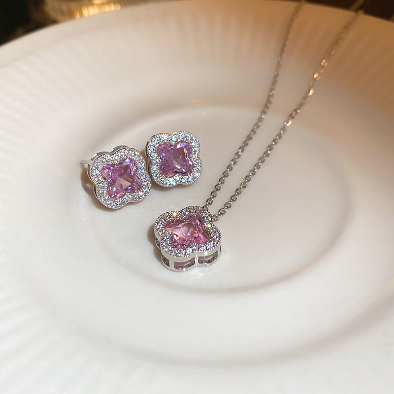Sier Needle Pink Sweet Temperament Zircon Flower Fashion Light Korean Niche Versatile Earrings for Women - view 3