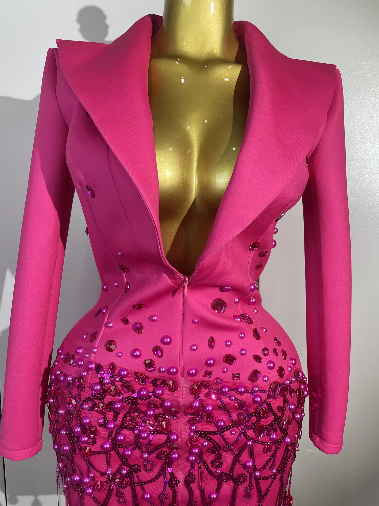 Sparkly Crystal Chains Pearls Long Sleeve Mini Dress 2025 Women Birthday Evening Party Nightclub Outfit Singer Wedding Costume 251009