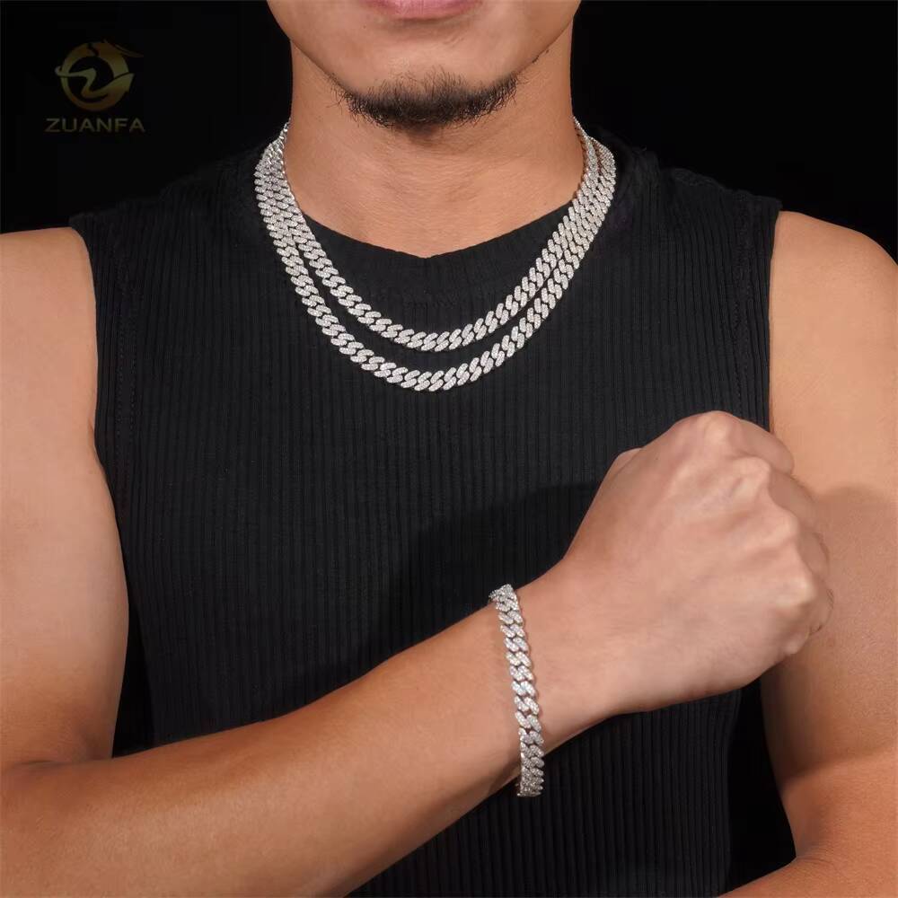 Pass Diamond Tester Best Selling 925 Sterling Silver Hip Hop Two Row Moissanite 8mm Cuban Link Chain