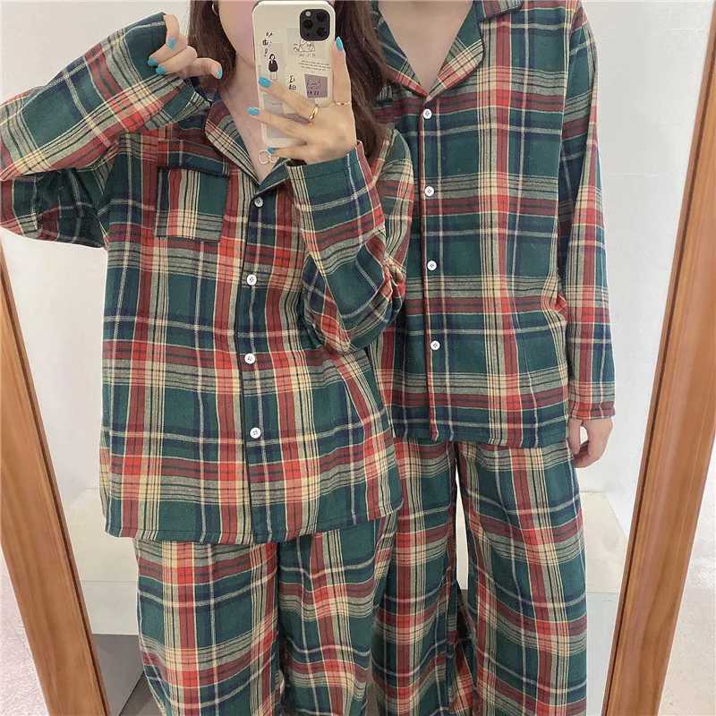 Green Christmas Pajamas Couple Pajama Set Simple Plaid Sleepwear Cotton Autumn Winter Women Pyjamas Suit Long Sleeve Loungewear L251011