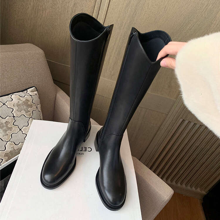 Cowhide Version~2025 New V-Neck Thick Sole Fleece-Lined Chunky Heel Mid-Calf Riding for Women Autumn Winter Genuine Leather Long Boots ed