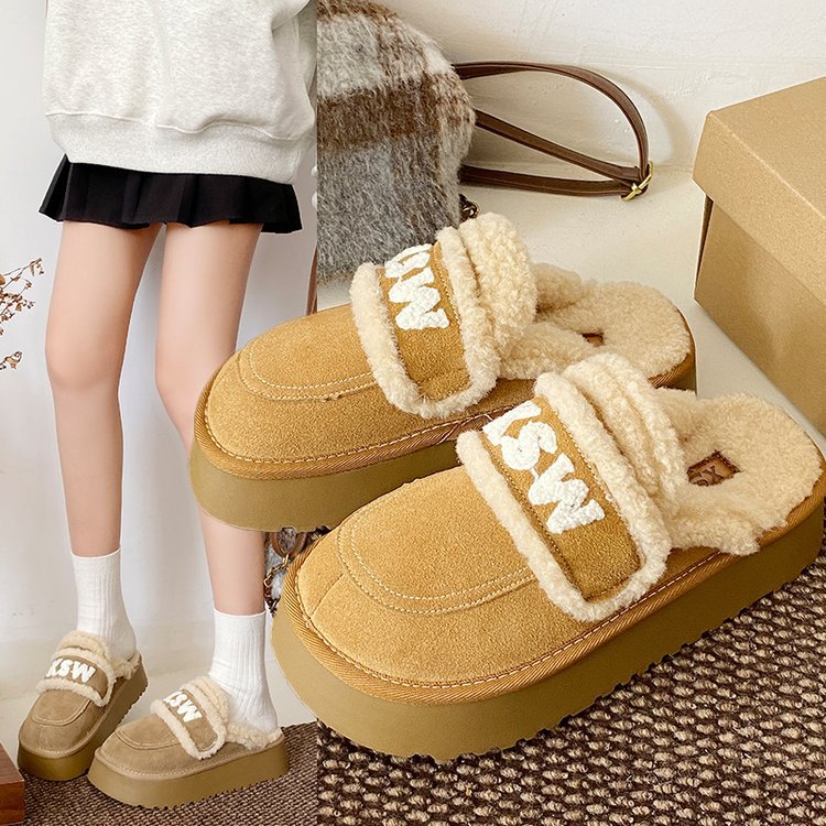 fashion 2025 Cotton Slippers For Women Autumn And Winter New Thick Soled Comfortable Home Warm Half Pack Snow Boots Wear Wool Shoes