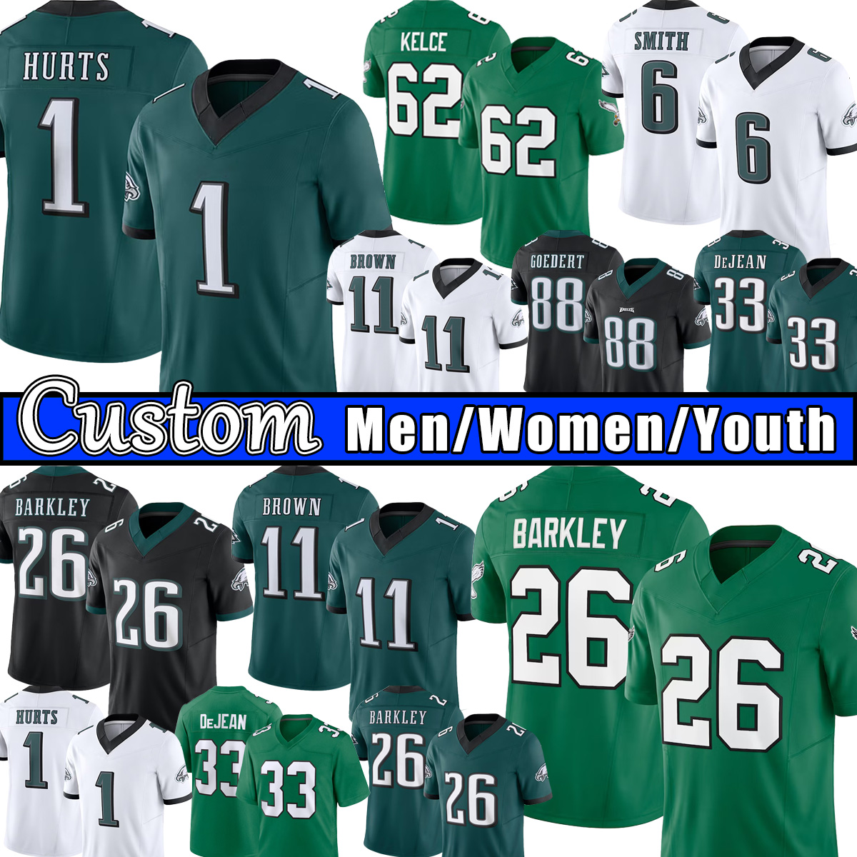 Philadelphiaes Eagleslies EaglesJersey Football jersey Saquon Barkley, Jalen Hurts, AJ Brown, Jason Kelce, DeVonta Smith, Mailata Jason, Brian Dawkins, Cooper