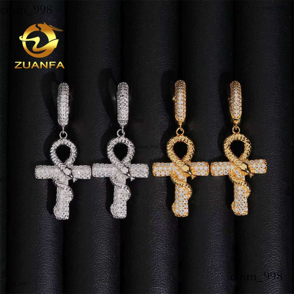 GRA Certificate Snake Design Silicon Stone Hoop Earrings Cross Real Gold Plate Hip Hop Jewelry