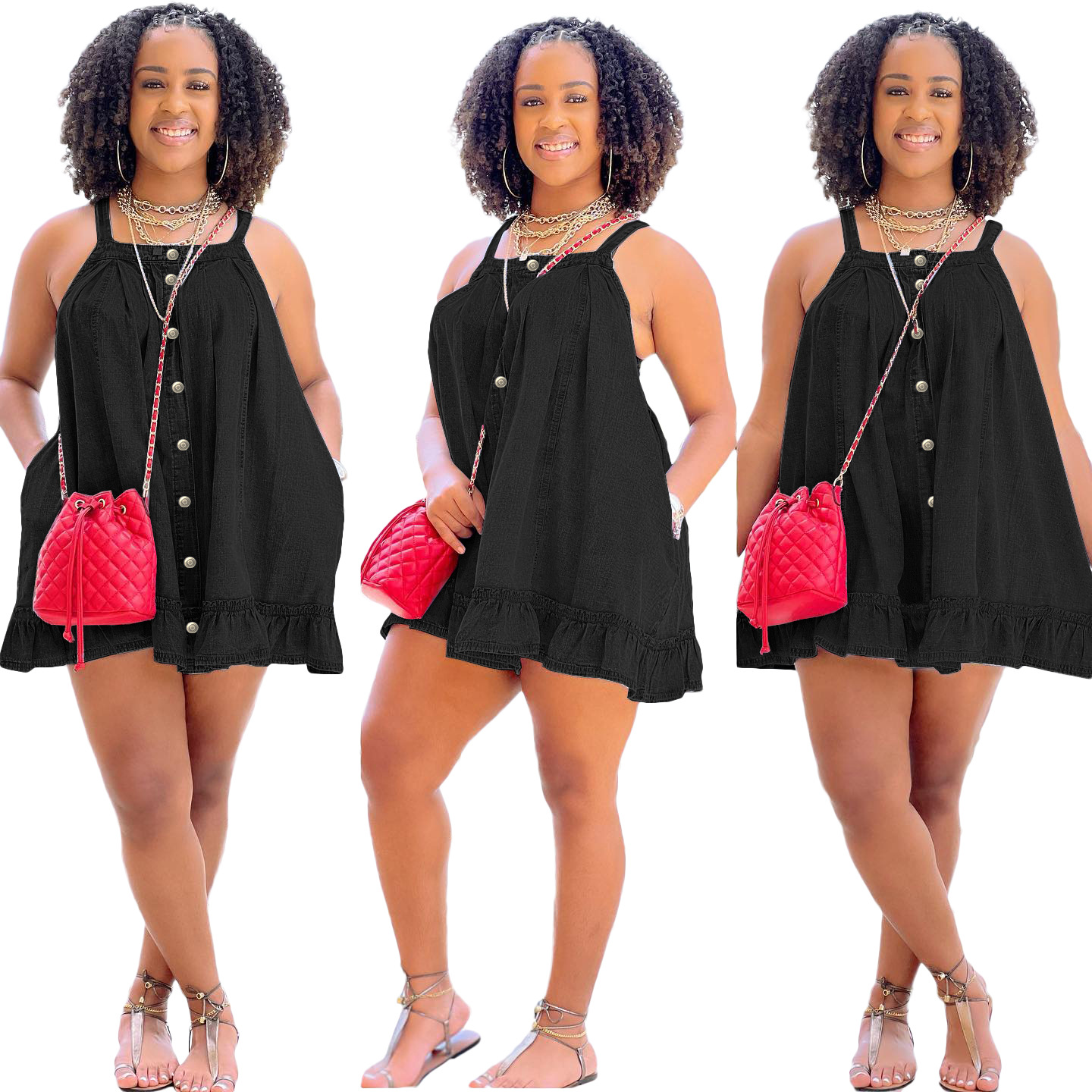 Solid-color halter-neck buttoned pocket loose-washed denim dress