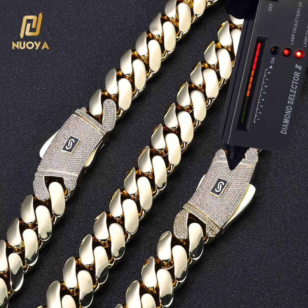 NUOYA High Quality 14K Monaco Chain 925 Silver Cuban Link Necklace Iced Out VVS Moissanite Clasp Smooth Cuban Chain Jewelry