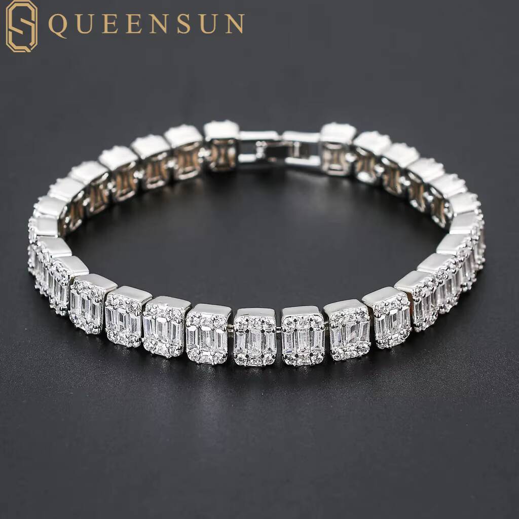 Queensun IGI GRA 18k Solid White Gold Tennis Bracelet 9mm Rectangular S925 Moissanite Hiphop Chain Link Jewelry Lab Diamond