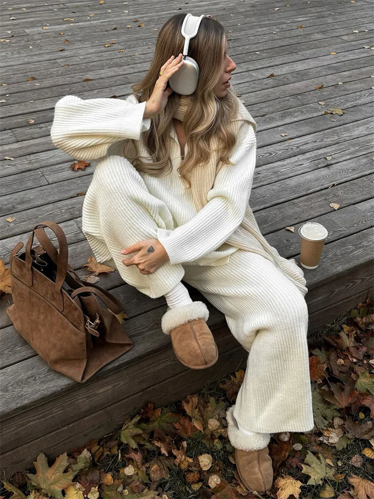 Tossy White Lapel Knitwear Cardigan 2 PieceSet Women Zipper Loose Autumn 2025 Patchwork Trousers Sets Ladies Knit Pant Sets 251011