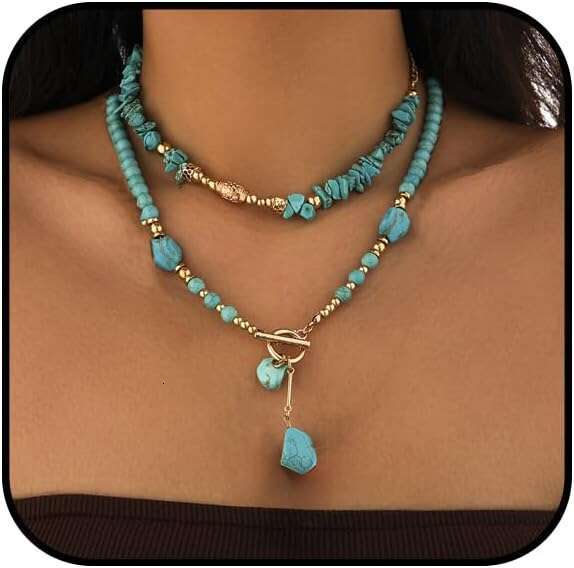 Women's Beaded Layered Choker gold and Turquoise Necklace Toggle Collar Handmade Western Bohemian Jewelry
