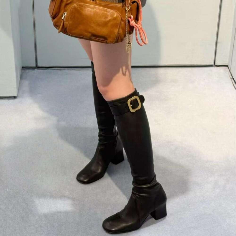 Mui Home Belt Buckle Long Thick Heel Square Toe Elastic High Tube Slim Boots Women's Fashion Autumn Winter Shoes 25