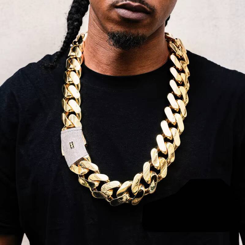Hip Hop Jewelry 14K 18K Gold Plated Monaco Chain Classic Pav Lock Choker Big Thick Miami Cuban Link Chain Mens Necklace