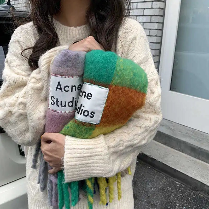 Korean Couple Scarf Rainbow Color Blocking Tassel Square Shawl Warm Neck Warmer Winter Unisex Women Men Versatile Accessory251018