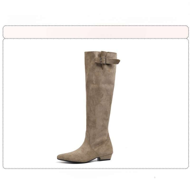 Soft Leather Version ~ Lazy Style Women's Winter Slouch French Slimming High Chunky Heel Suede Khaki Long Boots 00