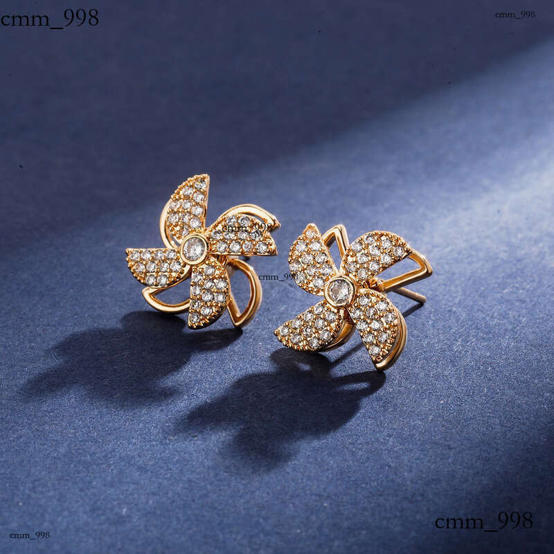 Sier Needle Inlaid Dia Rotating Windmill French Exquisite High-end Design Stud Earrings Elegant Ear Jewelry