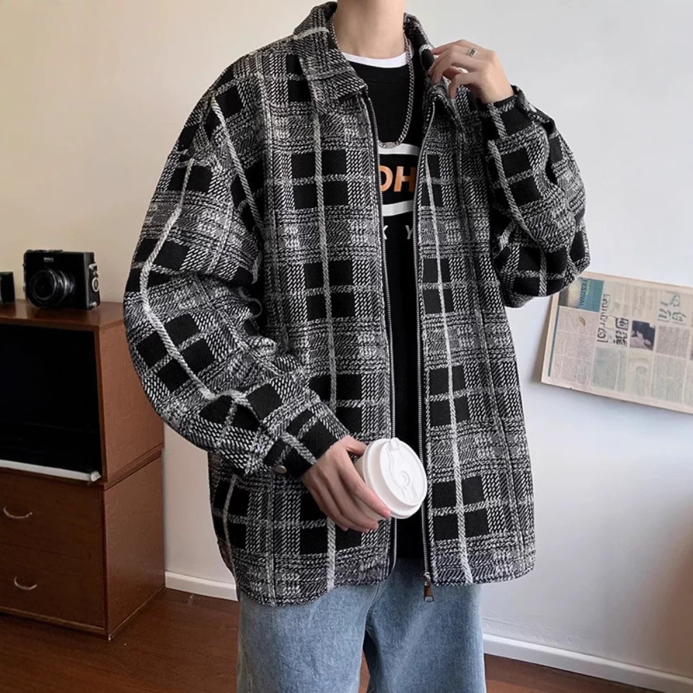 American Retro Designer Jacket Small Fragrance Jacket Men Style Jacket For Men Spring And Autumn New High-end Sense Cool Trendy Brand Loose Plaid Zipper Jacket