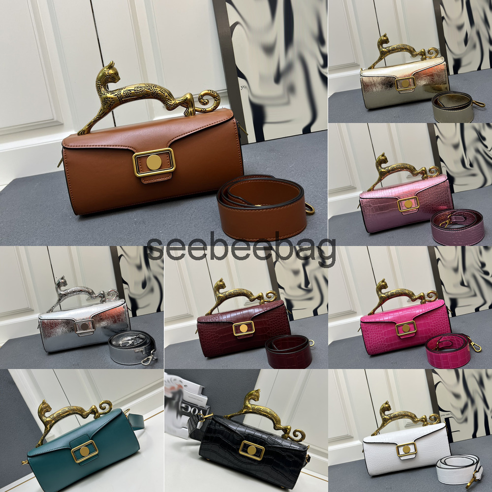 12 Colors Top Quality Leather Pencil Cat Bag Luxury Designer Bags Cat Handle Leather Handbag Removable Crossbody Bag Women Cowhdie Leather Tote Bag 250615