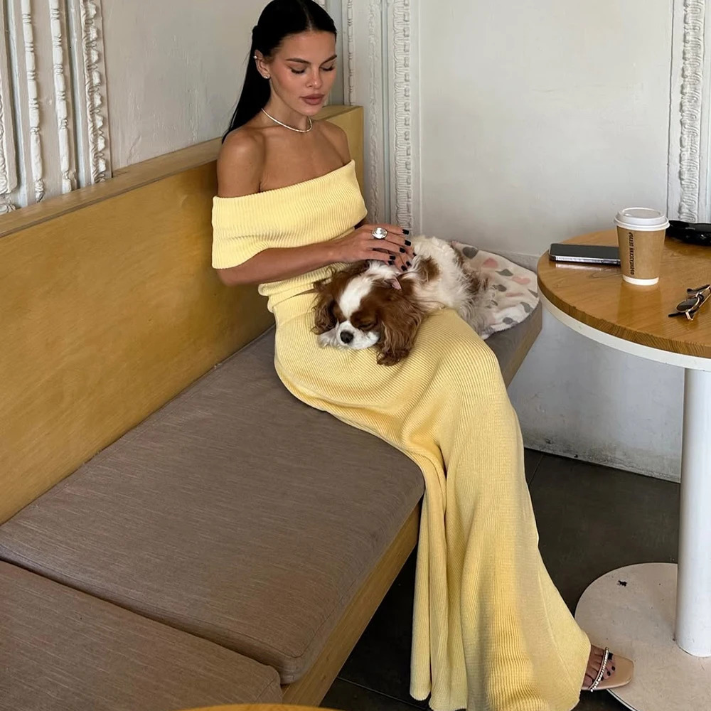 Tuularose Knitted Skirt Twopiece Set Womens Summer One Shoulder Sleeveless Top High Waist Slit Skirt Set Casual Lady Skirt Set 251028
